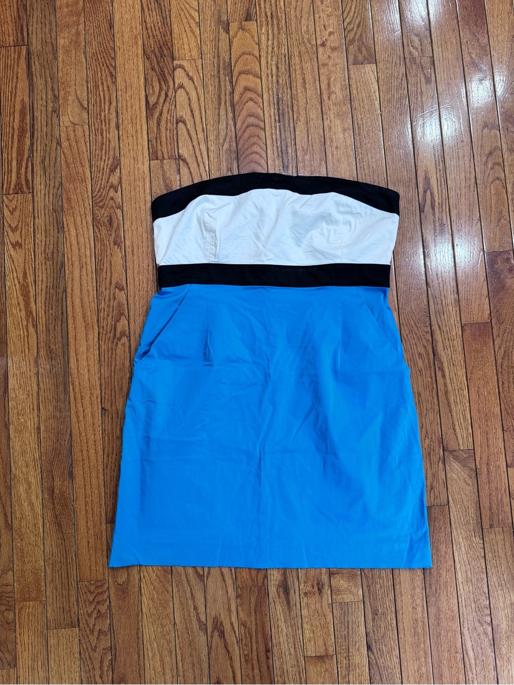 New York & Company Strapless Blue, White & Black Colorblocked Dress - 16